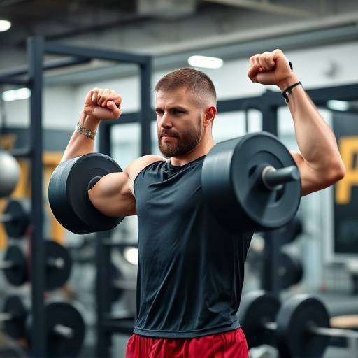 A man lifting weights in a gym, demonstrating a strength training workout.