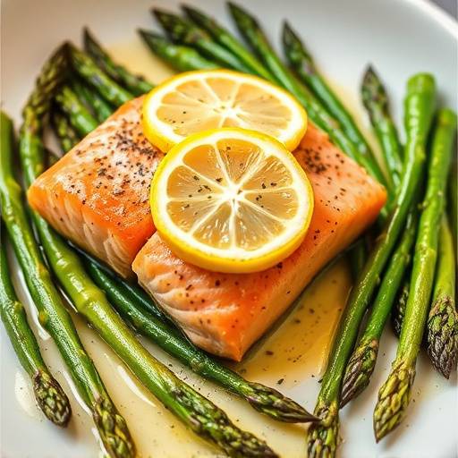Baked salmon fillet with asparagus spears and lemon slices