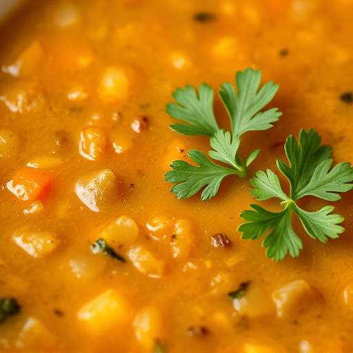 Close-up of a bowl of lentil soup with a garnish of fresh parsley