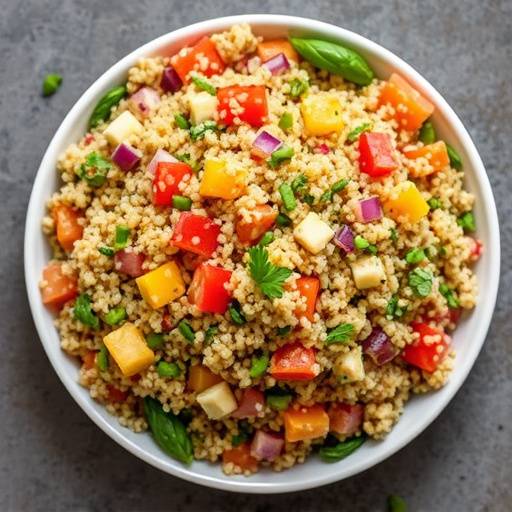 Overhead shot of a colorful quinoa salad with vegetables and herbs