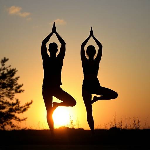 Person practicing yoga outdoors with the sun setting in the background.