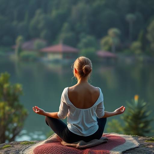 Woman meditating peacefully in a serene natural setting.